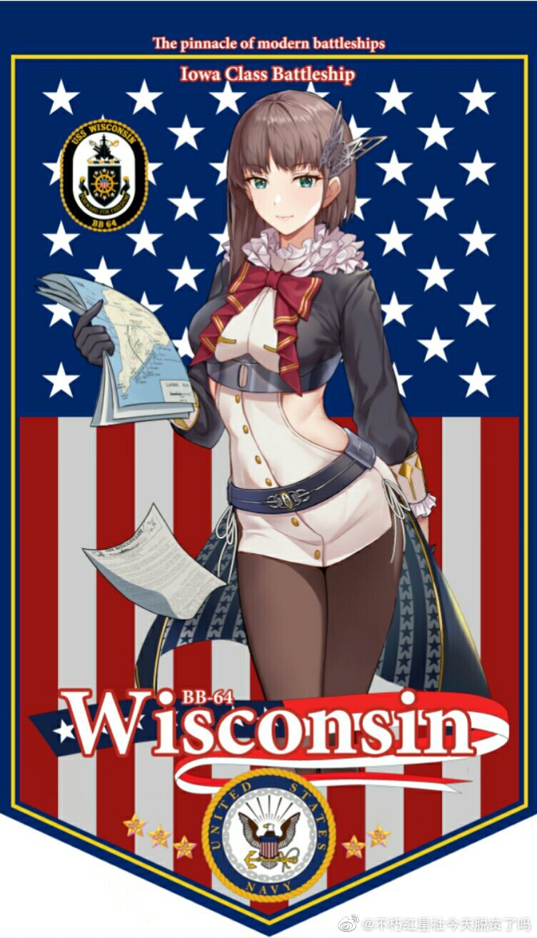 1girl, american_flag, belt, black_gloves, black_jacket, black_pantyhose, bow, bowtie, breasts, brown_hair, brown_pantyhose, buxiuhongxingshe_jintiantuopinlema, closed_mouth, cowboy_shot, cropped_jacket, dress, english_text, flag_background, frills, fur_trim, gloves, green_eyes, hair_ornament, highres, holding, holding_paper, jacket, long_sleeves, looking_at_viewer, medium_breasts, open_clothes, open_jacket, pantyhose, paper, red_bow, red_bowtie, short_dress, short_hair, smile, solo, standing, star_(symbol), union_jack, united_states, warship_girls_r, watermark, weibo_watermark, white_dress, wisconsin_(warship_girls_r)