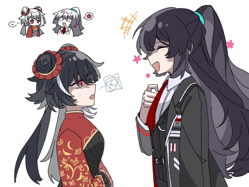 +++, 1boy, 1girl, :d, black_coat, black_dress, black_hair, breasts, brother_and_sister, chibi, chibi_inset, chinese_clothes, chinese_commentary, closed_eyes, coat, collared_shirt, commentary_request, double_bun, dress, facing_another, finame0, from_side, hair_bun, hong_lu_(project_moon), jia_xichun_(project_moon), limbus_company, looking_at_another, multicolored_hair, necktie, open_mouth, project_moon, red_eyes, red_necktie, shirt, siblings, simple_background, smile, spoken_flower, squiggle, streaked_hair, sweatdrop, twintails, upper_body, white_background, white_shirt