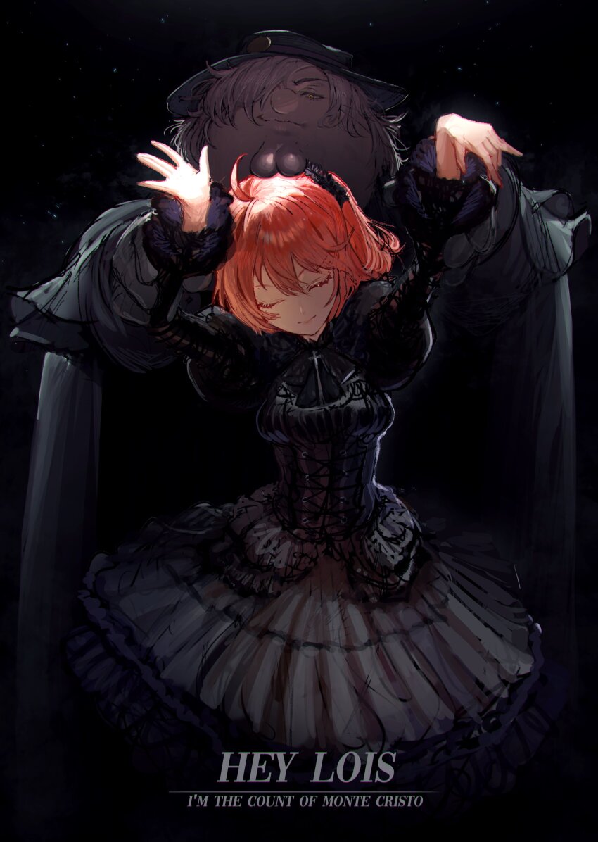 1boy, 1girl, absurdres, arms_up, black_coat, black_dress, black_hat, cleft_chin