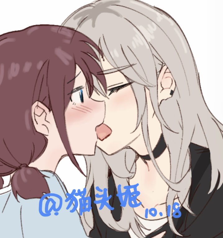 2girls, black_choker, blue_eyes, brown_hair, catowjeemson, choker, closed_eyes, collarbone