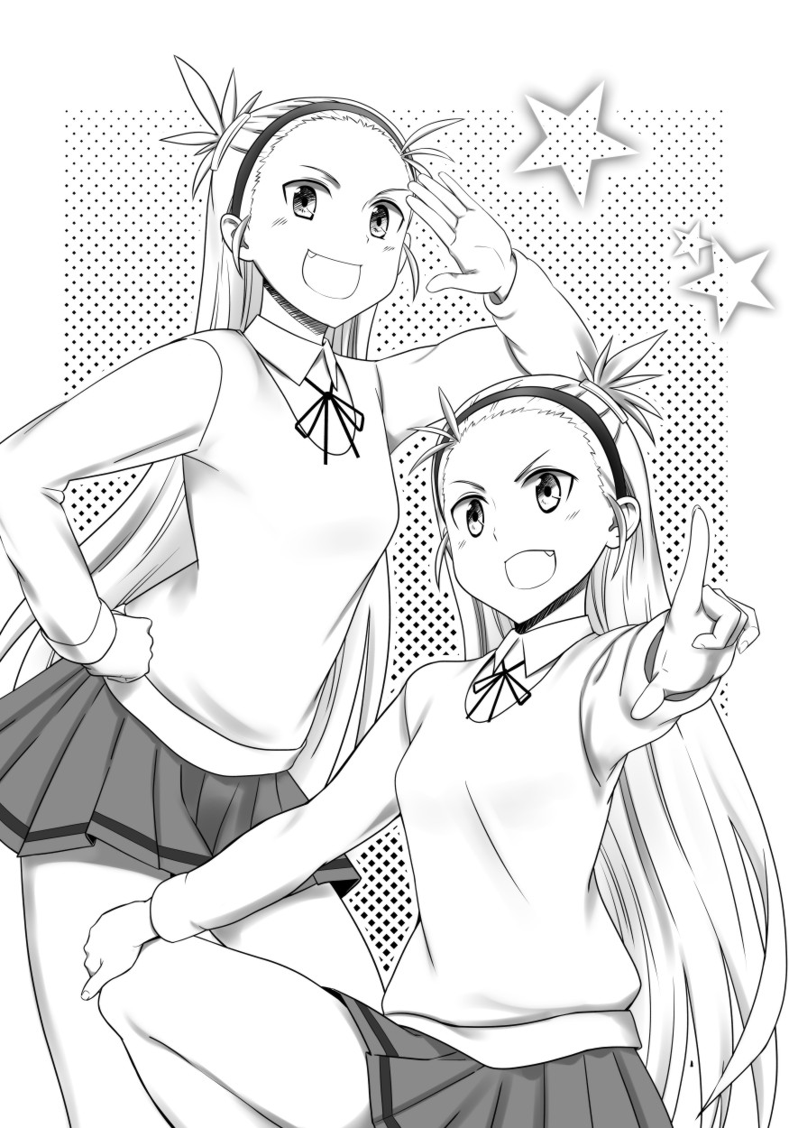 2girls, bellwall_school_uniform, black_headband, black_ribbon, breasts, fang, fangs, girls_und_panzer, girls_und_panzer_little_army, hand_on_own_hip, headband, highres, kashiwaba_kanako, kashiwaba_tsurugiko, long_hair, miniskirt, multiple_girls, ribbon, school_uniform, siblings, sisters, skirt, smug, twins, vest, witeria