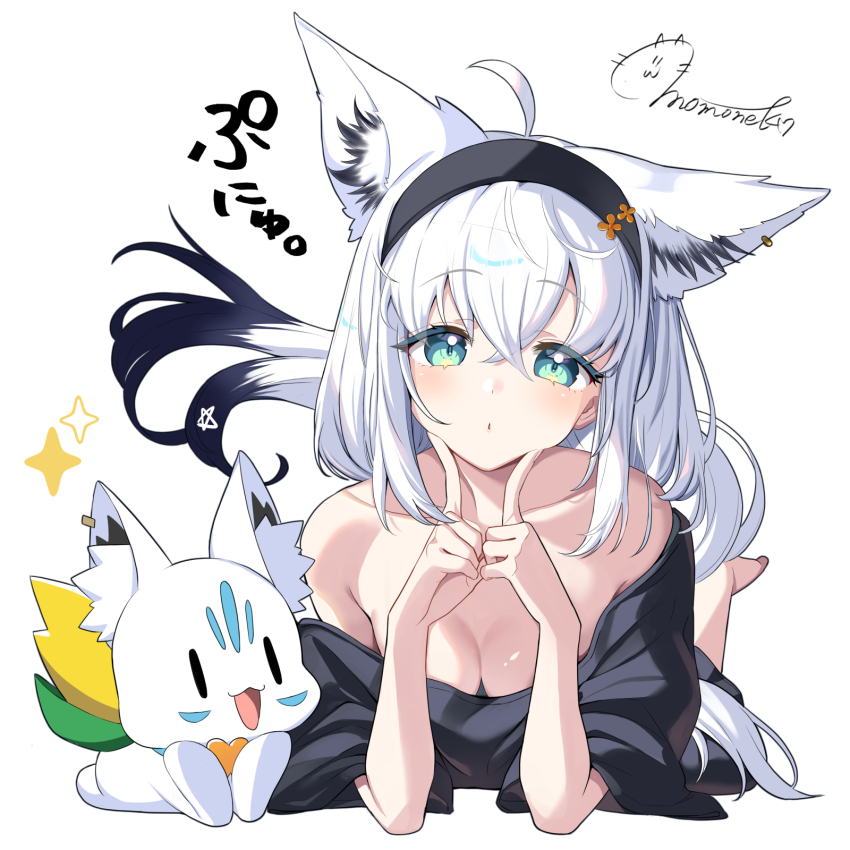 :o, ahoge, animal_ears, aqua_eyes, breasts, cleavage, feet_up, fox_ears