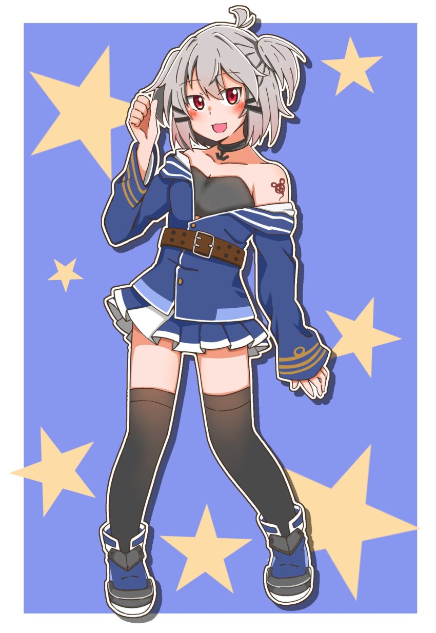 1girl, bare_shoulders, belt, black_thighhighs, blush, boots, choker, full_body