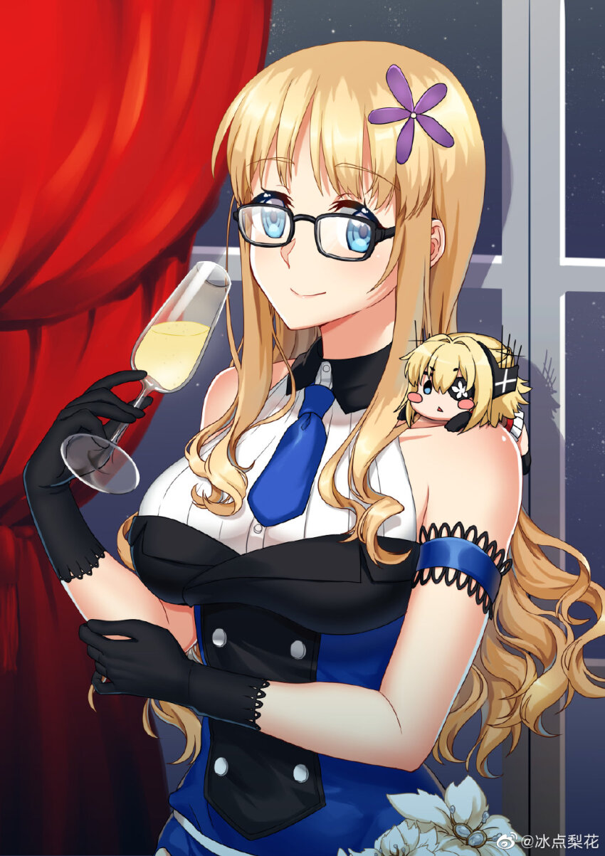 2girls, alcohol, bare_shoulders, bingdian_lihua, black_gloves, blonde_hair, blue_eyes, blue_necktie