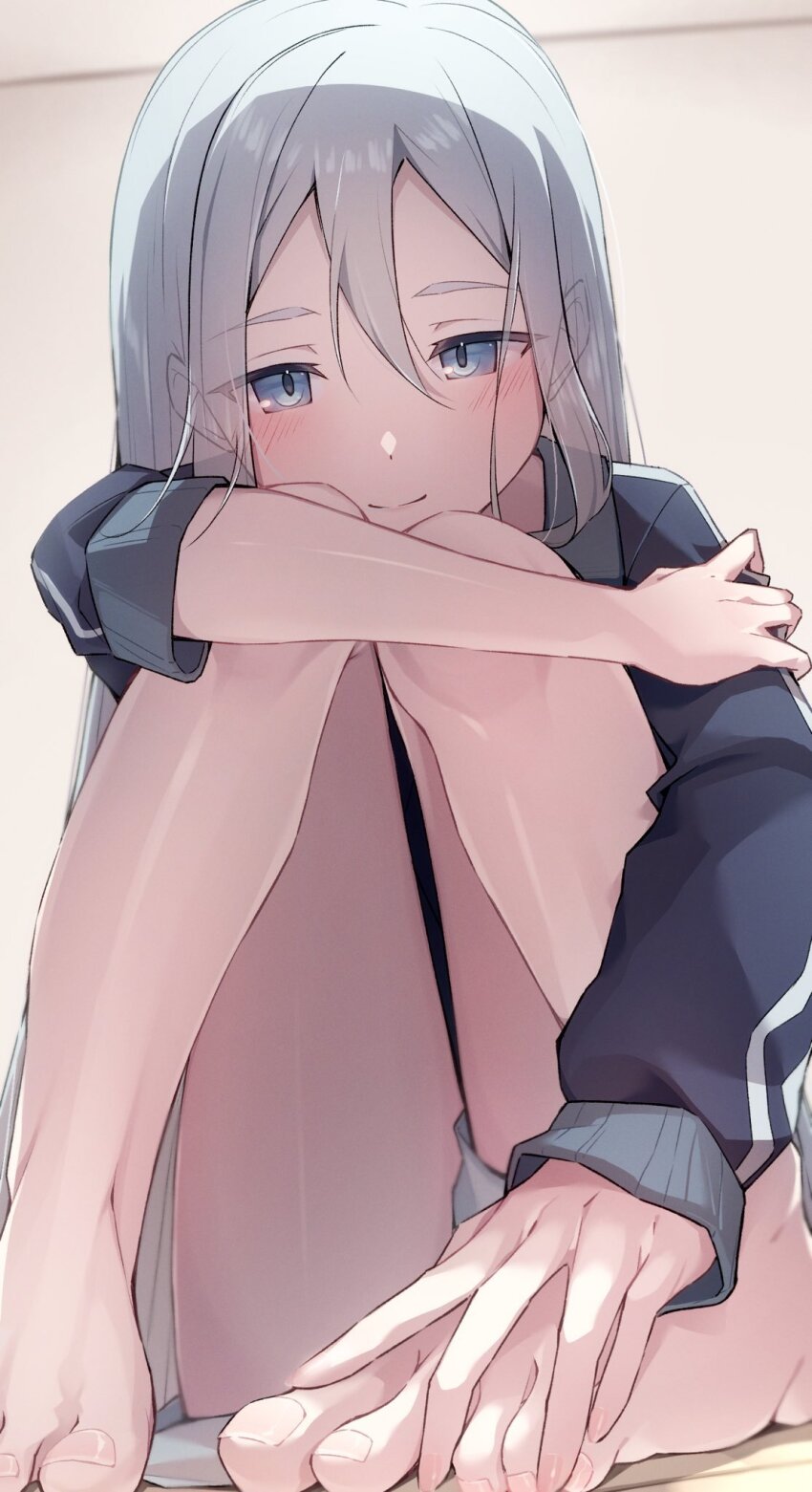 1girl, barefoot, between_toes, blue_eyes, feet, fetal_position, fingers_between_toes, grey_hair, half-closed_eyes, highres, looking_at_viewer, natoruuuu, project_sekai, sitting, smile, solo, toes, yoisaki_kanade