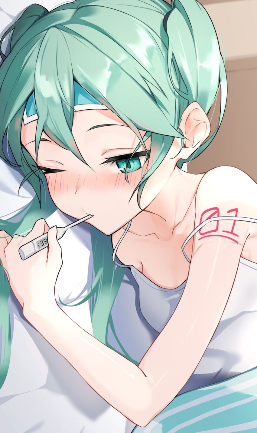 1girl, aqua_eyes, aqua_hair, arm_tattoo, camisole, digital_thermometer, fever, hatsune_miku