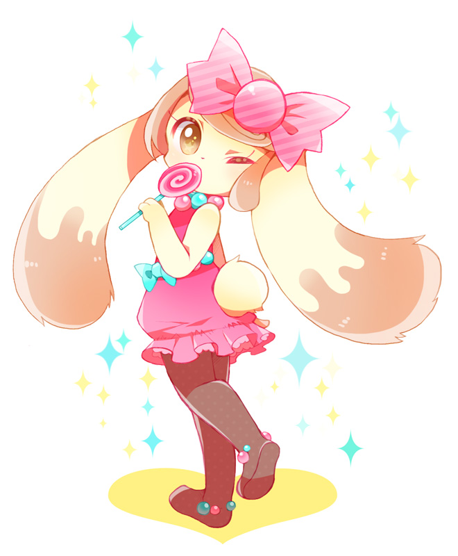 1girl, animal_ears, animal_nose, bow, brown_eyes, brown_hair, candy, candy_lapin_(myumon)_(show_by_rock!!), candy_lapin_(show_by_rock!!), commentary_request, dress, food, from_behind, full_body, furry, furry_female, hair_bow, holding, holding_candy, holding_food, holding_lollipop, lollipop, looking_at_viewer, looking_back, moka-momaka, one_eye_closed, pink_bow, pink_dress, rabbit_ears, rabbit_girl, rabbit_tail, shoes, short_hair, show_by_rock!!, solo, standing, tail