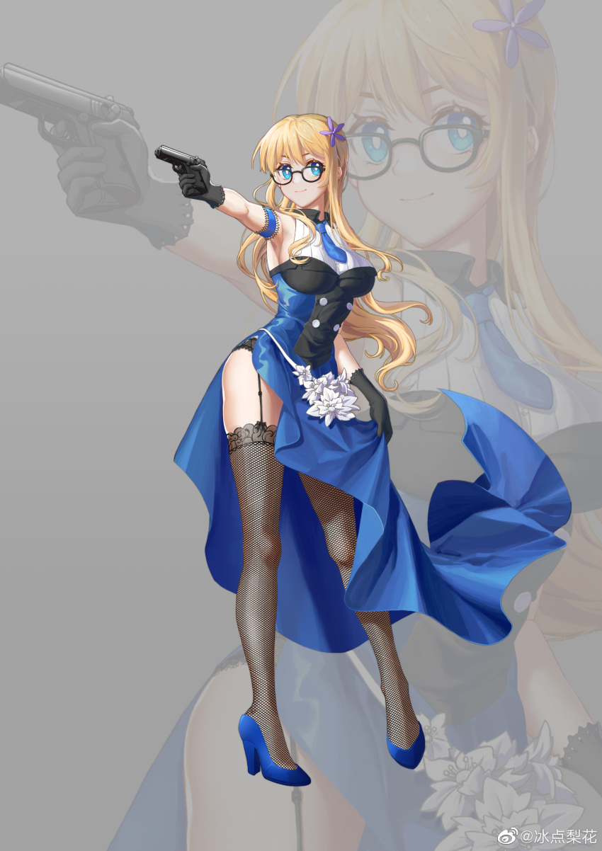 1girl, absurdres, armpits, bingdian_lihua, black_gloves, black_thighhighs, blonde_hair, blue_dress, blue_eyes, blue_footwear, breasts, dress, flower, full_body, garter_straps, glasses, gloves, grey_background, gun, hair_flower, hair_ornament, handgun, high_heels, highres, holding, holding_gun, holding_weapon, hood_(warship_girls_r), large_breasts, long_hair, necktie, official_alternate_costume, side_slit, simple_background, smile, solo, standing, thighhighs, warship_girls_r, watermark, weapon, weibo_watermark