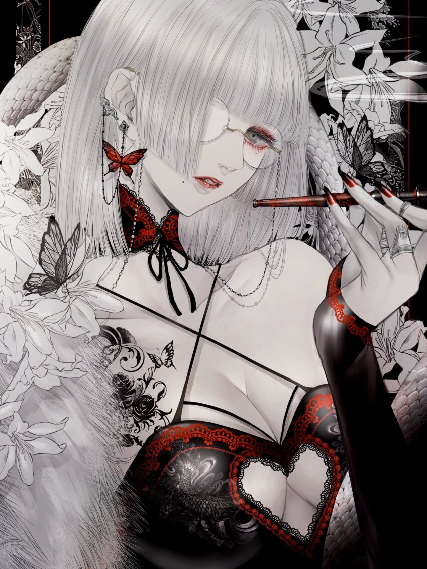 1girl, blunt_bangs, breasts, bug, butterfly, butterfly_ornament, chest_tattoo, choker