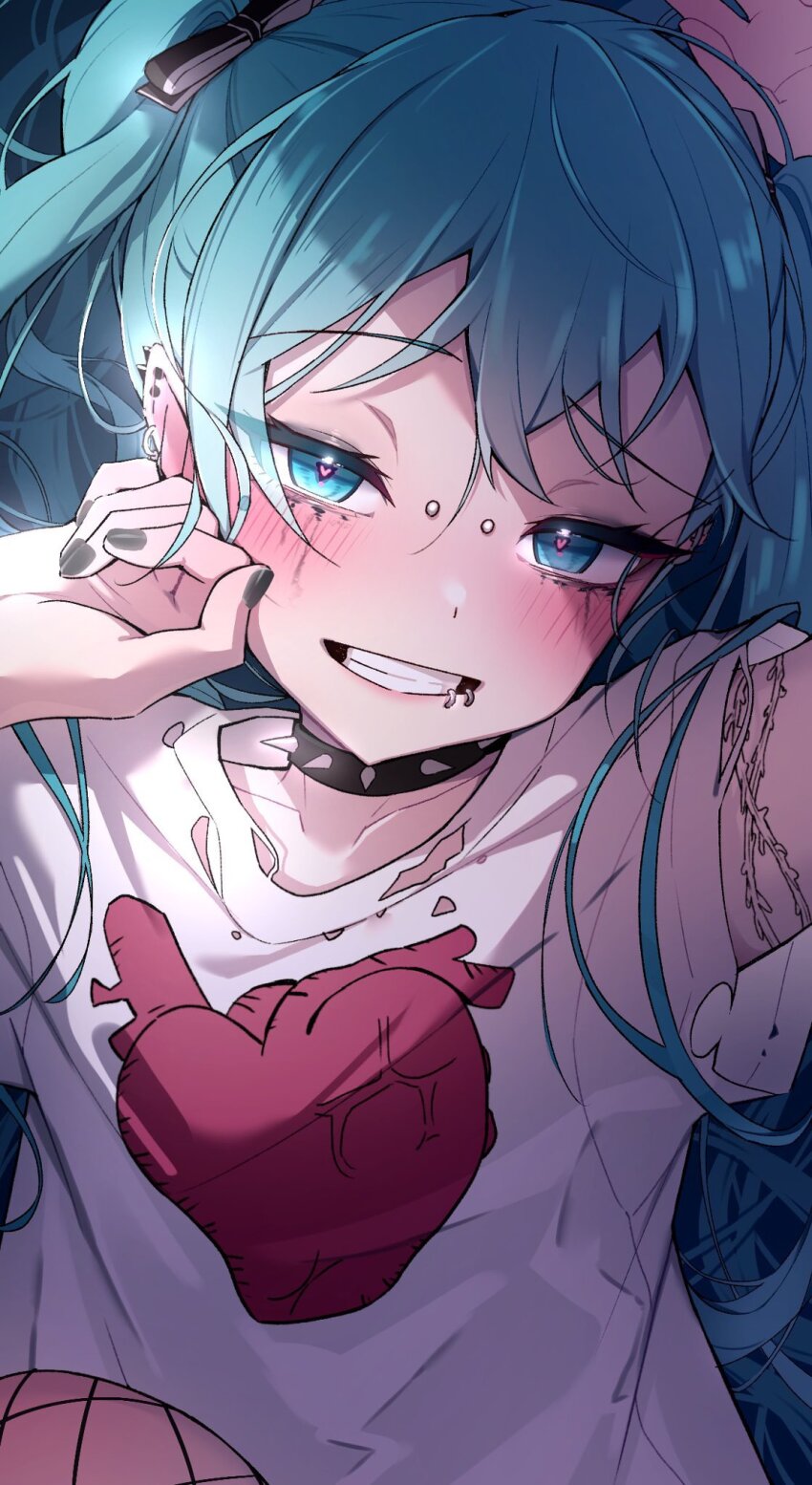 1girl, aqua_eyes, aqua_hair, arm_tattoo, black_nails, blush, choker, face_piercing
