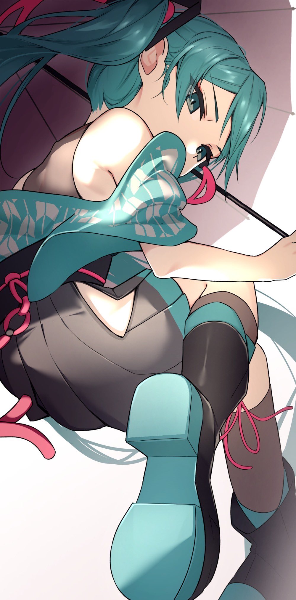 1girl, aqua_eyes, aqua_hair, from_below, hakama, hakama_skirt, hatsune_miku, highres