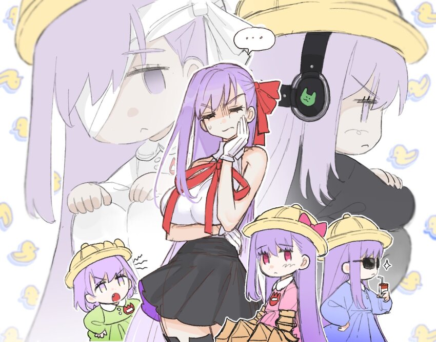 6+girls, aged_down, baby_animal, bandage_over_one_eye, bb_(fate), bb_(fate/extra), bird, black_skirt