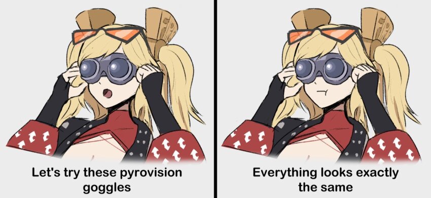 1girl, blonde_hair, burnice_white, che3zy, closed_mouth, commentary, english_commentary, english_text, eyewear_on_head, grey_background, hair_between_eyes, long_hair, looking_ahead, multiple_views, open_mouth, portrait, pyrovision_goggles, red-tinted_eyewear, simple_background, sunglasses, team_fortress_2, tinted_eyewear, zenless_zone_zero