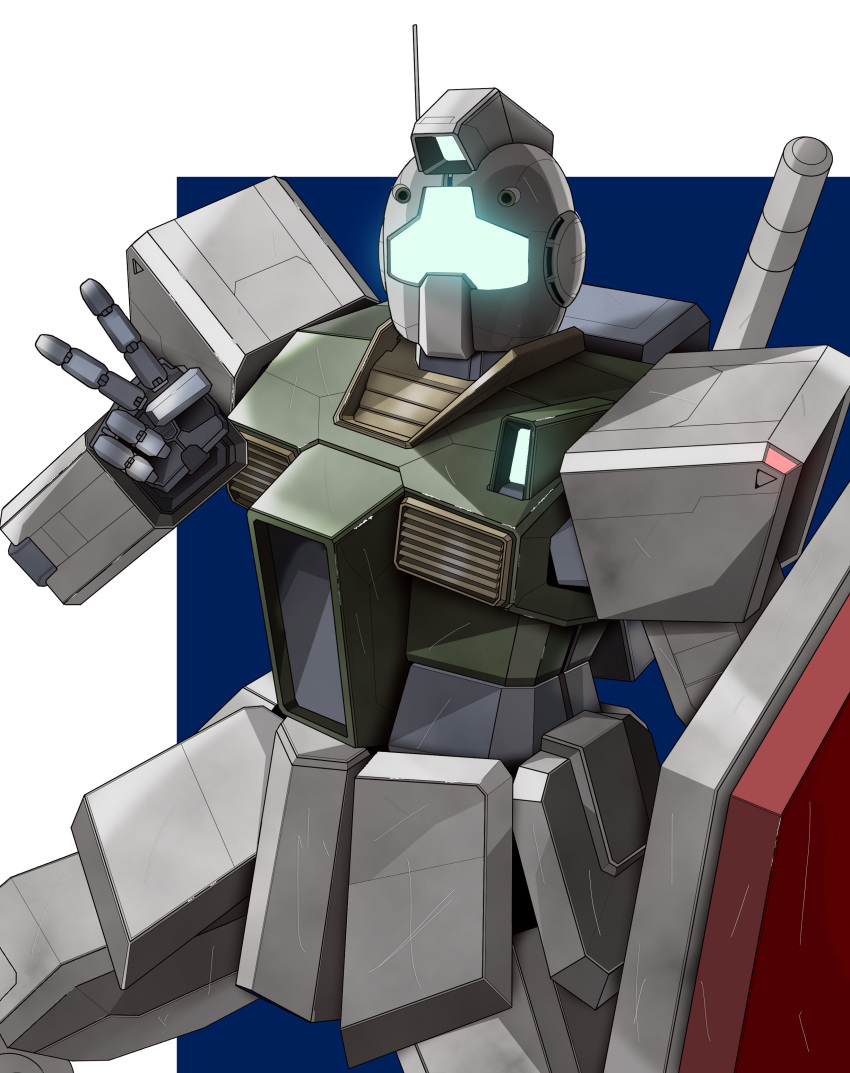 absurdres, assault_visor, blue_background, commentary_request, cowboy_shot, gm_ii, gundam, hand_up