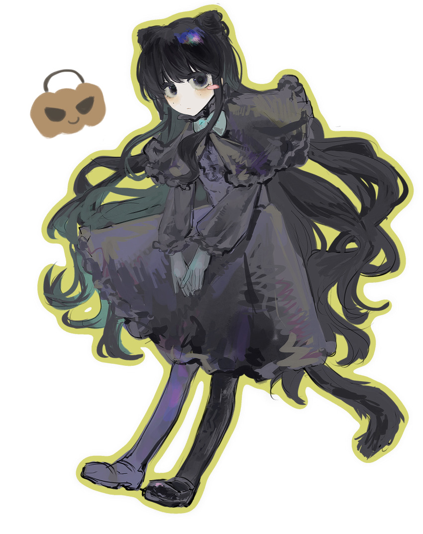 1girl, absurdres, baozaolaoyan, black_capelet, black_dress, black_eyes, black_hair, black_pantyhose, black_shoes, blush_stickers, bow, bowtie, capelet, cat_tail, chinese_commentary, closed_mouth, commentary_request, cone_hair_bun, double_bun, dress, expressionless, full_body, green_bow, green_bowtie, green_outline, hair_bun, halloween_bucket, highres, long_hair, mole, mole_under_each_eye, mole_under_eye, multiple_moles, official_alternate_costume, official_alternate_hairstyle, outline, pantyhose, shoes, simple_background, single_blush_sticker, solo, tail, touqi_guaitan, unknown_friend_(touqi_guaitan), very_long_hair, wavy_hair, white_background