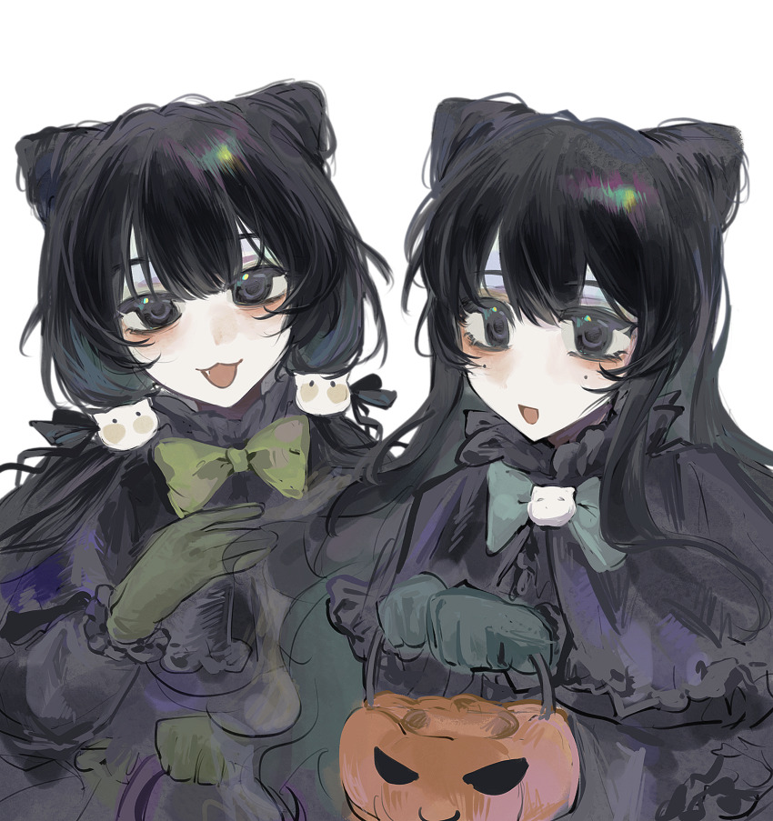 2girls, :3, absurdres, baozaolaoyan, black_capelet, black_eyes, black_hair, black_shirt