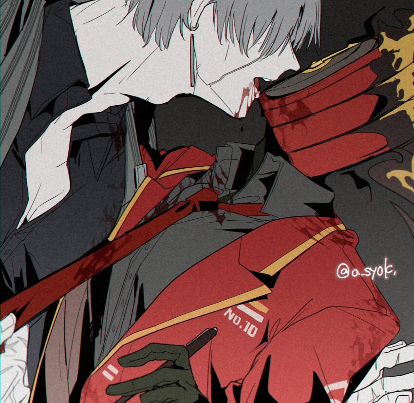 2boys, adam's_apple, black_gloves, black_shirt, black_skin, blood, blood_on_clothes, blood_on_face