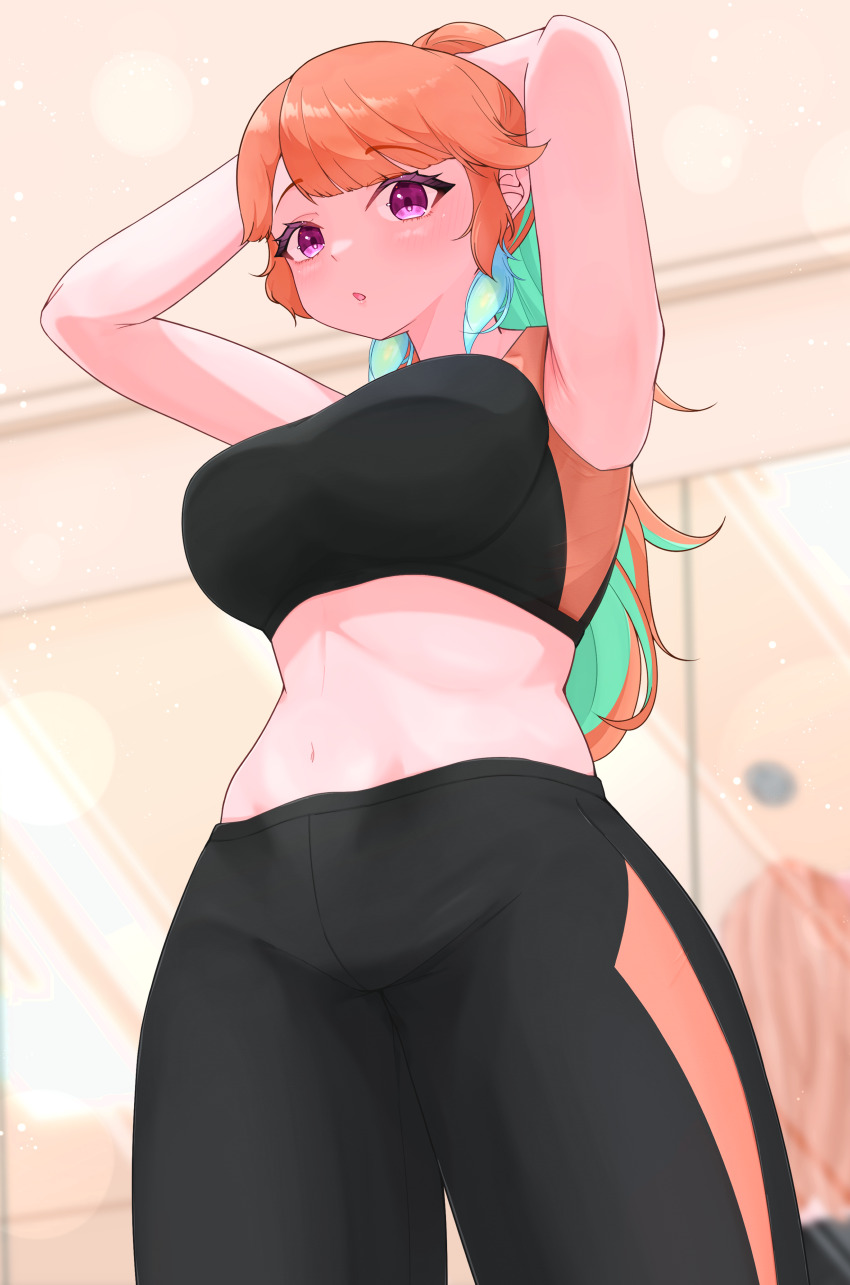 1girl, absurdres, alternate_costume, armpits, arms_up, breasts, earrings, feather_earrings, feathers, green_hair, highres, hololive, hololive_english, jewelry, large_breasts, long_hair, looking_at_viewer, midriff, multicolored_hair, nagi_clip, orange_hair, purple_eyes, solo, takanashi_kiara, virtual_youtuber, workout_clothes
