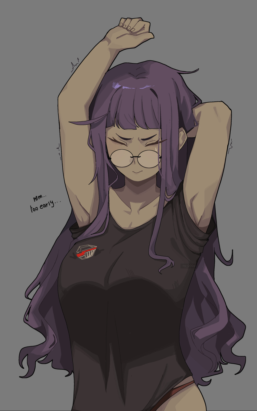 1girl, absurdres, armpits, black_shirt, breasts, closed_eyes, closed_mouth, cowboy_shot