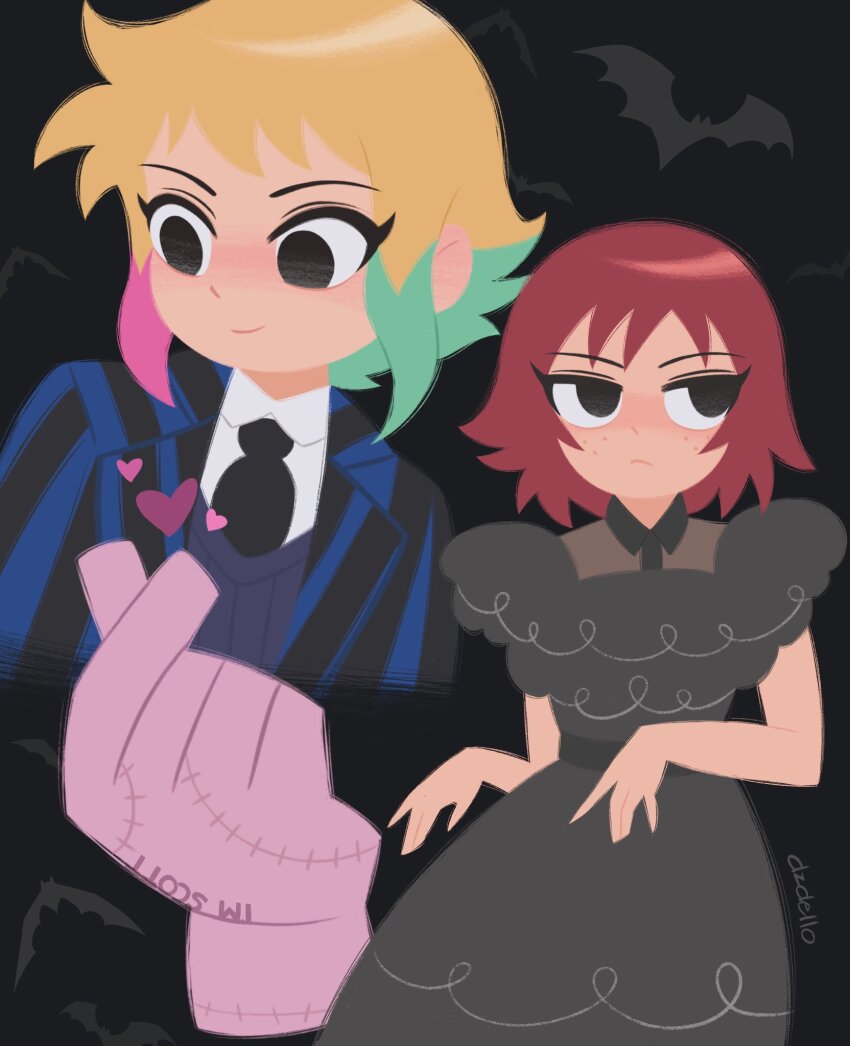 2girls, the_addams_family, bat_(animal), black_dress, black_eyes, black_necktie, blonde_hair, breasts, closed_mouth, colored_tips, commentary, cosplay, dress, dzdello, english_commentary, enid_sinclair, enid_sinclair_(cosplay), freckles, frown, goth_fashion, highres, kim_pine, multicolored_hair, multiple_girls, necktie, nevermore_academy_school_uniform, ramona_flowers, school_uniform, scott_pilgrim_(series), scott_pilgrim_takes_off, severed_hand, shirt, smile, stitched_hand, thing_(the_addams_family), wednesday_(netflix), wednesday_addams, wednesday_addams_(cosplay)