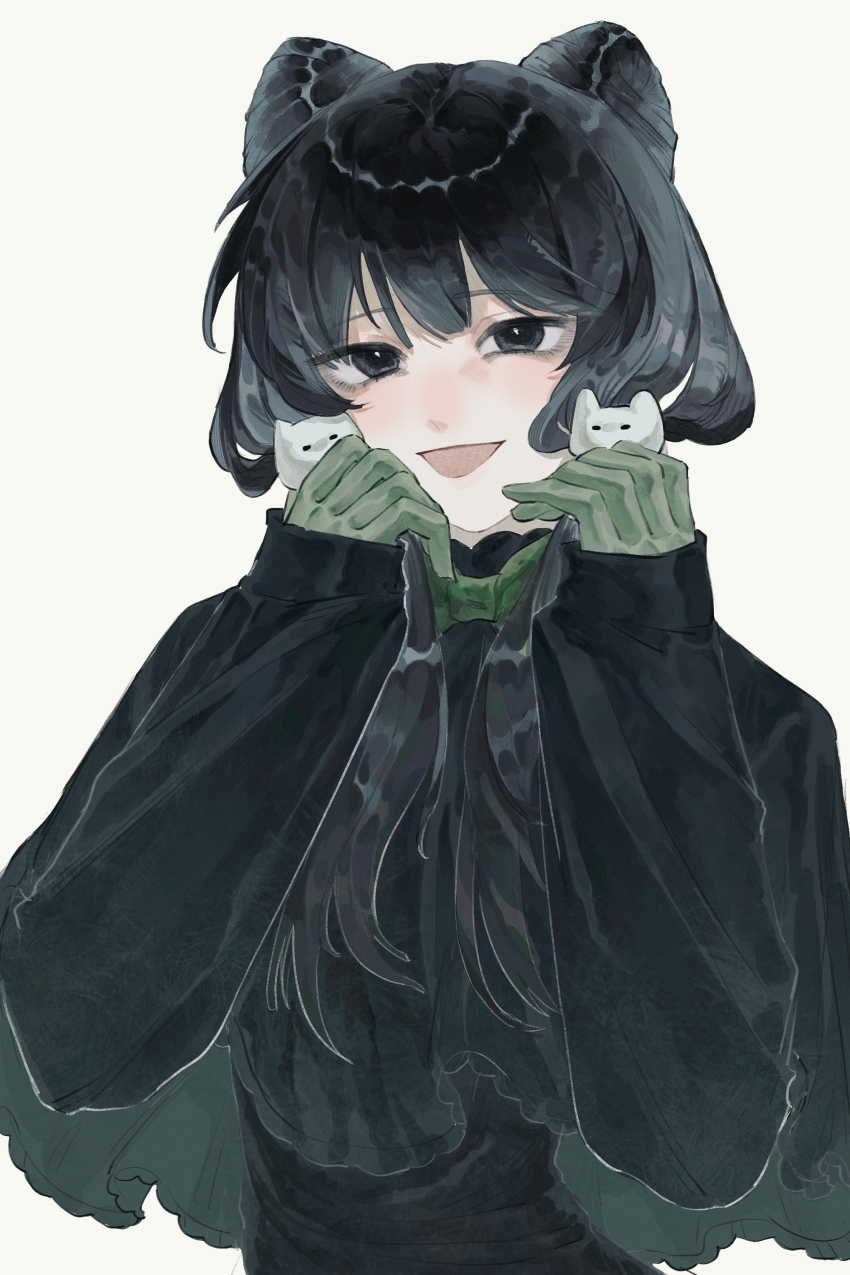 1girl, absurdres, black_capelet, black_eyes, black_hair, black_shirt, bow, bowtie