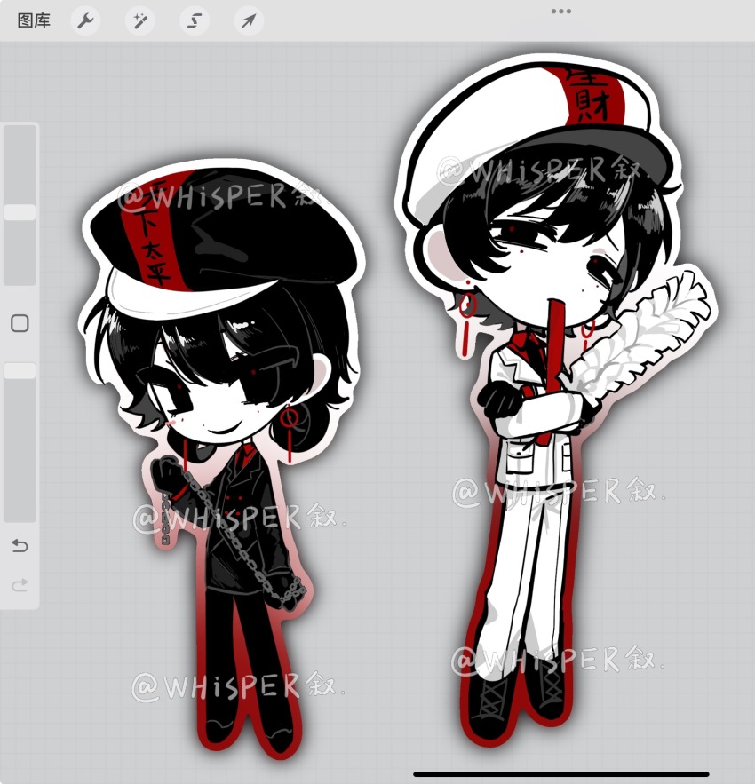 1boy, 1girl, art_program_in_frame, black_eyes, black_gloves, black_hair, black_jacket, black_necktie