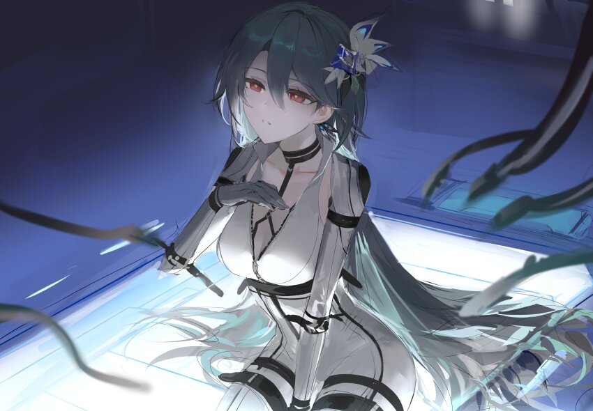 1girl, absurdres, baiser3rd, bodysuit, breasts, cable, cleavage, commentary