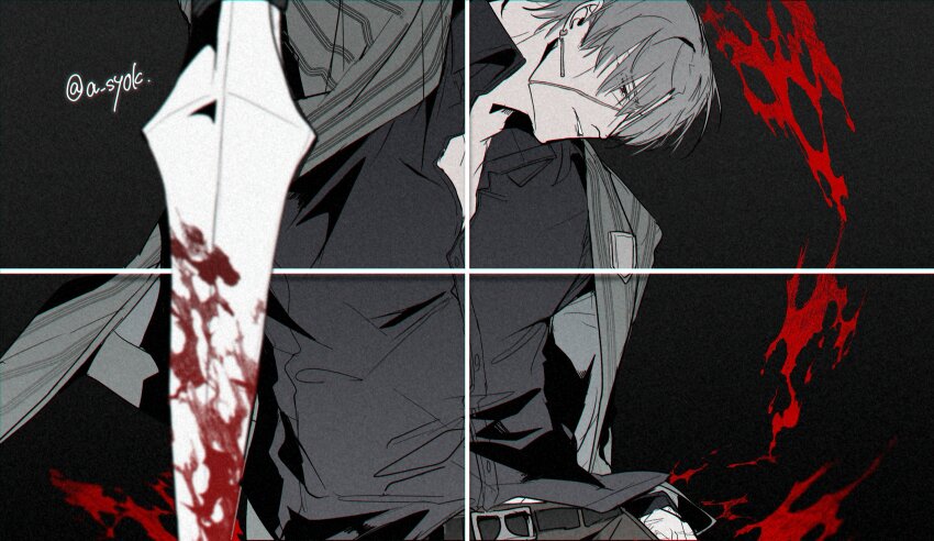 1boy, absurdres, black_background, black_pants, black_shirt, blood, blood_on_face, bloody_weapon, collared_shirt, cowboy_shot, floating_blood, grey_hair, grey_jacket, grey_pants, highres, holding, holding_weapon, jacket, limbus_company, pants, parted_bangs, project_moon, shirt, social_media_composition, solo, striped_clothes, striped_jacket, vergilius_(project_moon), weapon, ya!_(a_syok)