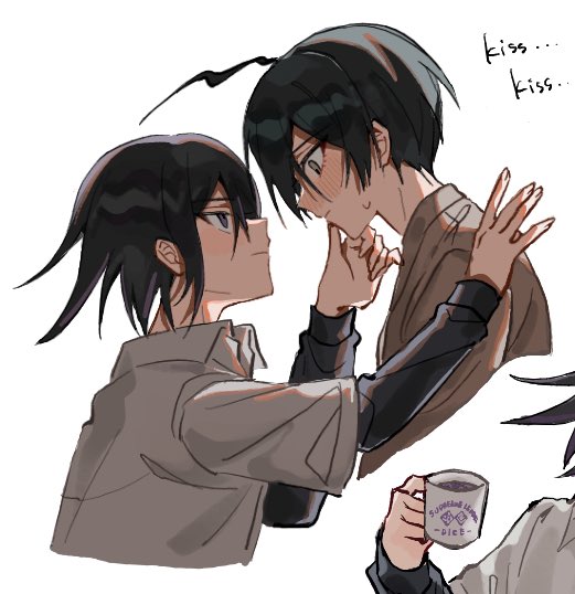2boys, ahoge, black_hair, cropped_torso, cup, danganronpa_(series), danganronpa_v3:_killing_harmony, from_side