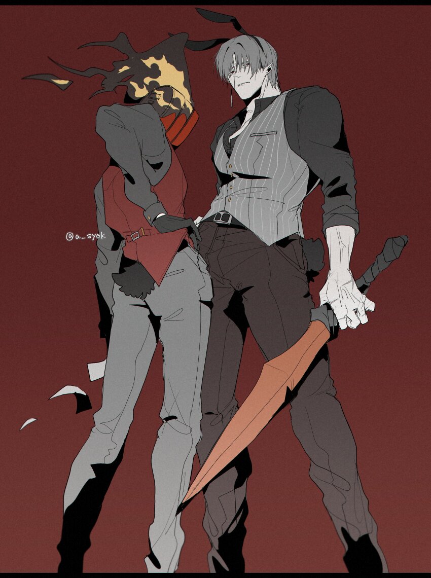 1boy, 1other, absurdres, animal_ears, black_fire, brown_pants, clock, dante_(limbus_company), fake_animal_ears, fire, grey_hair, grey_shirt, highres, holding, holding_weapon, limbus_company, long_sleeves, object_head, pants, project_moon, rabbit_ears, rabbit_tail, red_background, shirt, tail, vergilius_(project_moon), weapon, ya!_(a_syok)