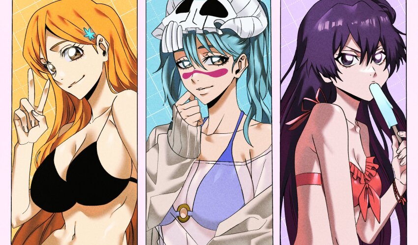3girls, bambietta_basterbine, bleach, bleach:_brave_souls, bleach:_sennen_kessen-hen, breasts, brown_eyes, espada, facial_mark, food, food_in_mouth, green_hair, hair_ornament, hairclip, highres, inoue_orihime, large_breasts, long_hair, looking_at_viewer, mask, mask_on_head, medium_breasts, multiple_girls, n_(nauki_11), nelliel_tu_odelschwanck, official_alternate_costume, ponytail, popsicle, popsicle_in_mouth, quincy_(bleach), skull_mask, sternritter, swimsuit, yellow_eyes