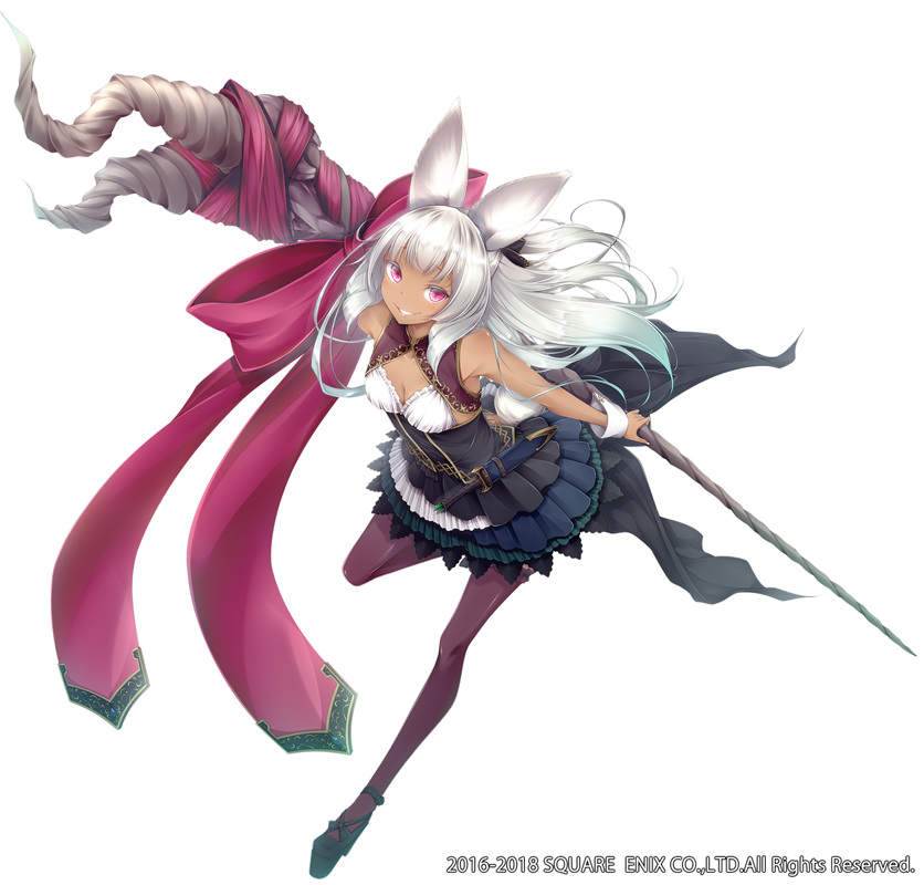 1girl, animal_ears, breasts, copyright_notice, dark-skinned_female, dark_skin, full_body, grimms_notes, grin, high_heels, holding, holding_staff, holding_weapon, knife, knife_sheath, long_hair, luna_lia, march_hare_(grimms_notes), official_art, pink_eyes, pink_ribbon, rabbit_ears, ribbon, sheath, simple_background, skirt, smile, solo, staff, weapon, white_background, white_hair