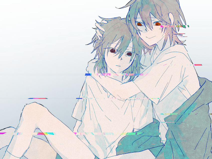 2boys, :>, black_jacket, black_shorts, brown_hair, closed_mouth, dual_persona, empty_eyes