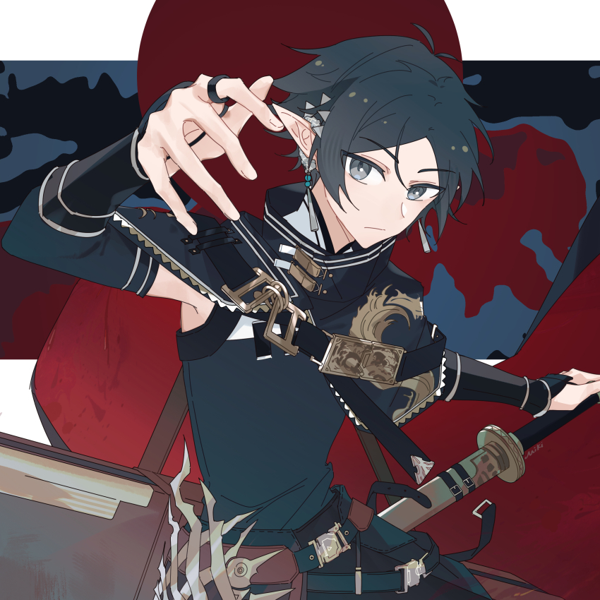 1boy, absurdres, arknights, arm_up, armor, black_cape, black_hair, black_shirt