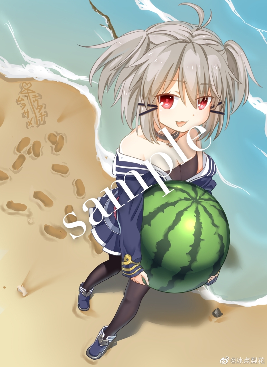 1girl, :d, ahoge, bare_shoulders, beach, bingdian_lihua, black_pantyhose, blue_boots, boots, choker, day, english_text, fang, food, footprints, fruit, grey_hair, hair_between_eyes, hair_ornament, highres, holding, holding_food, holding_fruit, long_sleeves, looking_at_viewer, murasame_(warship_girls_r), ocean, off_shoulder, open_mouth, outdoors, pantyhose, red_eyes, sand, smile, solo, standing, two_side_up, warship_girls_r, water, watermark, watermelon, weibo_watermark