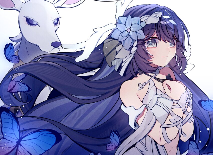 1girl, bare_shoulders, blue_butterfly, blue_flower, blue_hair, bug, butterfly, closed_mouth, commentary_request, diana_(honkai_impact), dress, flower, grey_eyes, hair_flower, hair_ornament, highres, honkai_(series), honkai_impact_3rd, insect, long_hair, pino_(pino2452), seele_vollerei, seele_vollerei_(herrscher_of_rebirth), simple_background, smile, solo, strapless, strapless_dress, upper_body, very_long_hair, white_background, white_dress