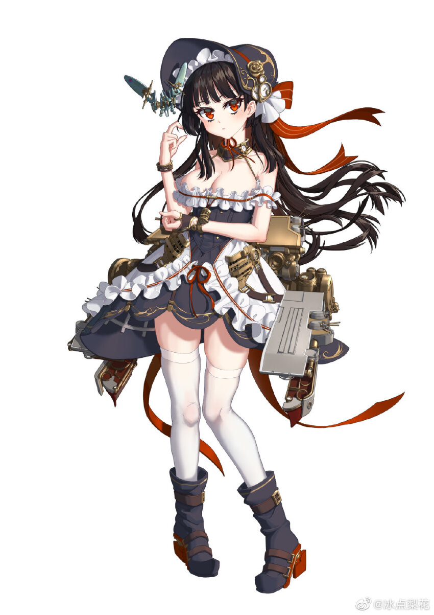 1girl, bare_shoulders, bingdian_lihua, black_boots, black_dress, black_hair, bonnet, boots