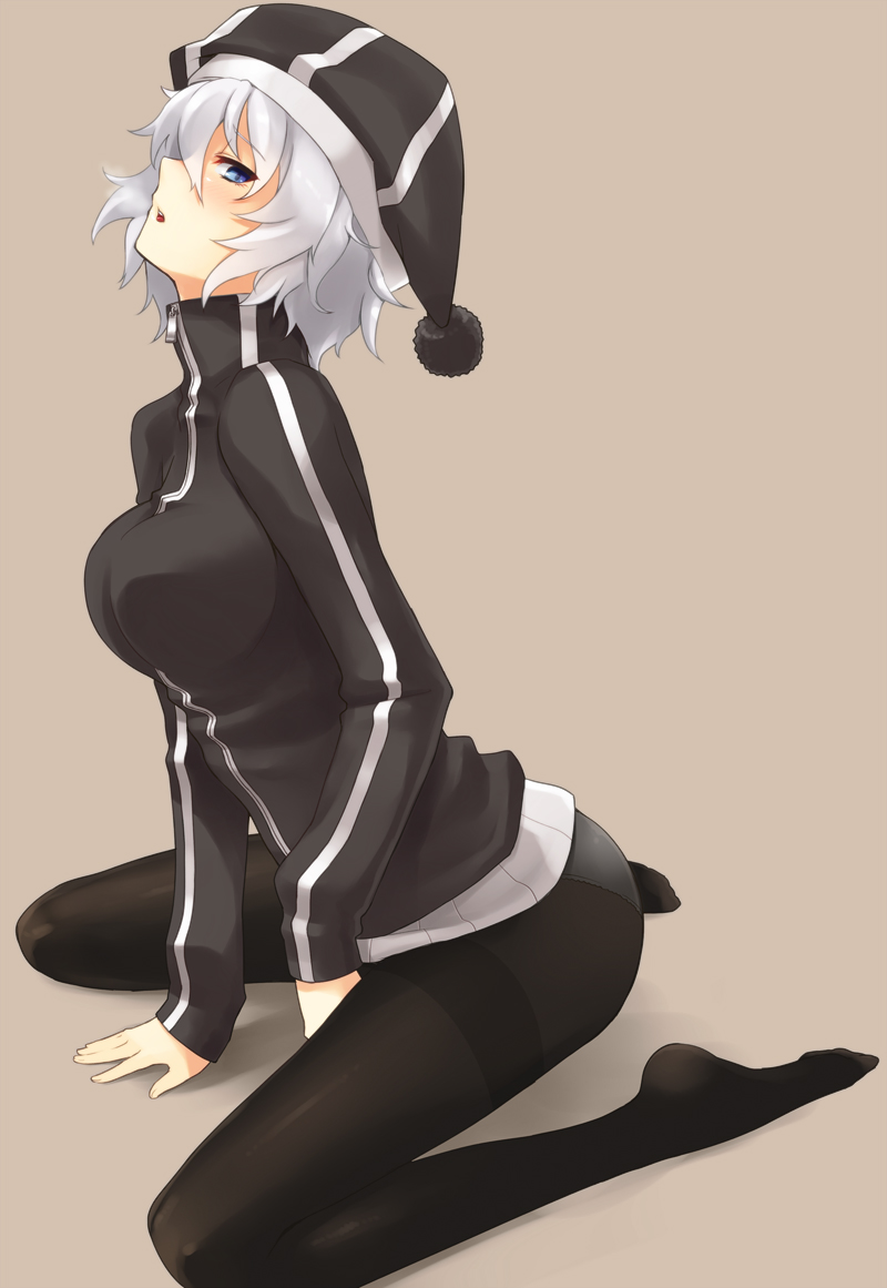 1girl, black_pantyhose, blue_eyes, feet, female_focus, fuguu-chan, hat, original, panties, panties_under_pantyhose, pantyhose, prime_(prime_tw), simple_background, sitting, solo, thighband_pantyhose, underwear, white_hair