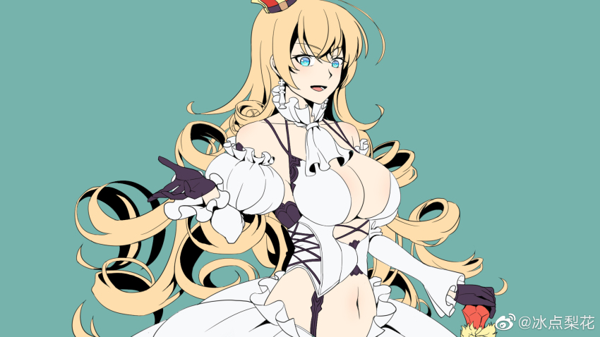 1girl, bingdian_lihua, black_gloves, blonde_hair, blue_eyes, breasts, cleavage, crown
