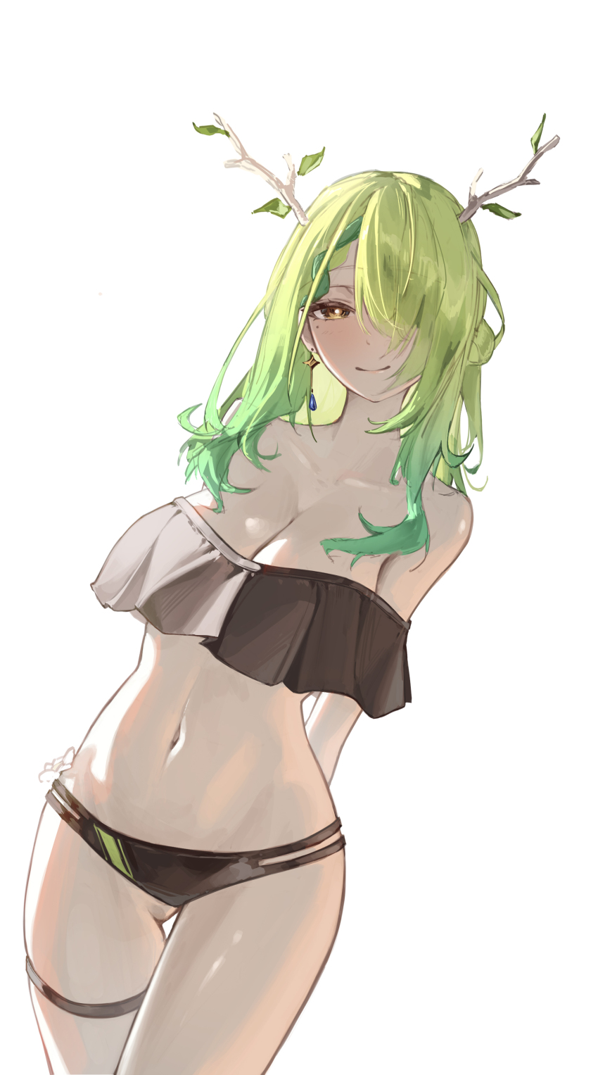 1girl, absurdres, antlers, arms_behind_back, bare_shoulders, bikini, black_bikini, breasts