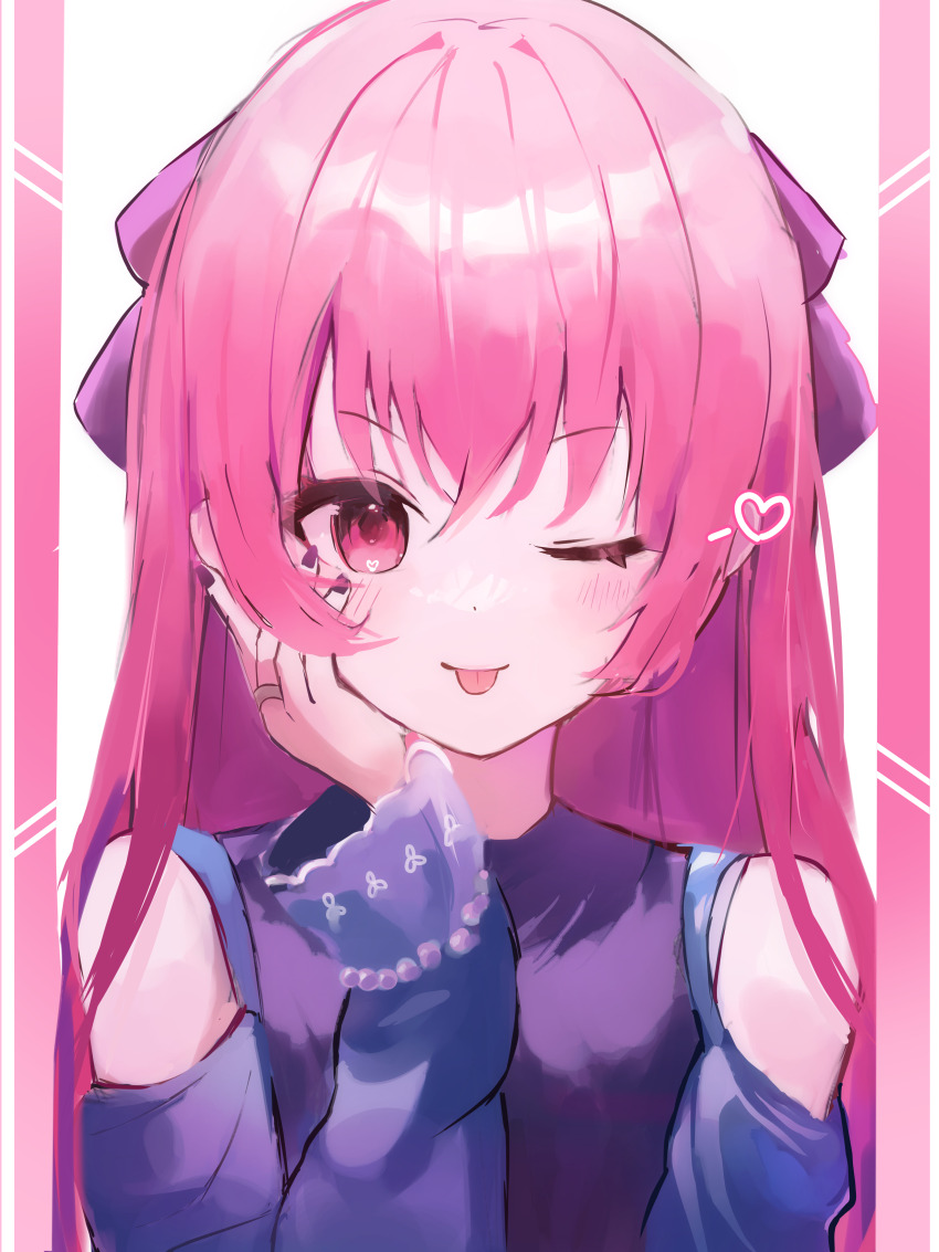 1girl, ;p, absurdres, bare_shoulders, blush, bow, bracelet, clothing_cutout, commentary, hair_bow, hand_on_own_cheek, hand_on_own_face, heart, highres, jewelry, long_hair, long_sleeves, looking_at_viewer, me_lon_i, momoi_airi, omoi_wo_nosete!_dream_stage_(project_sekai), one_eye_closed, pink_eyes, pink_hair, project_sekai, ring, shirt, shoulder_cutout, smile, solo, tongue, tongue_out, upper_body, white_background