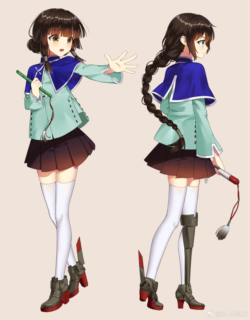 1girl, 2girls, absurdres, armored_boots, asymmetrical_legwear, bingdian_lihua, black_hair, black_skirt