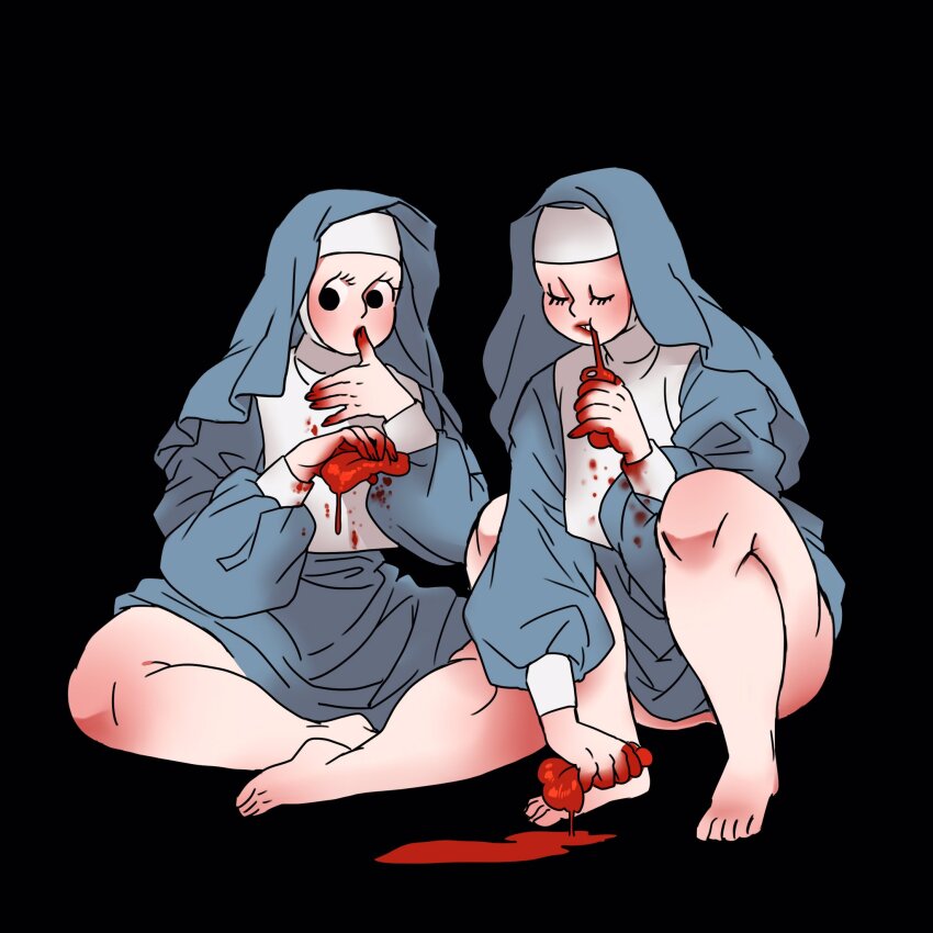 2girls, bad_id, bad_twitter_id, bare_legs, barefoot, black_background, blood, blood_on_clothes
