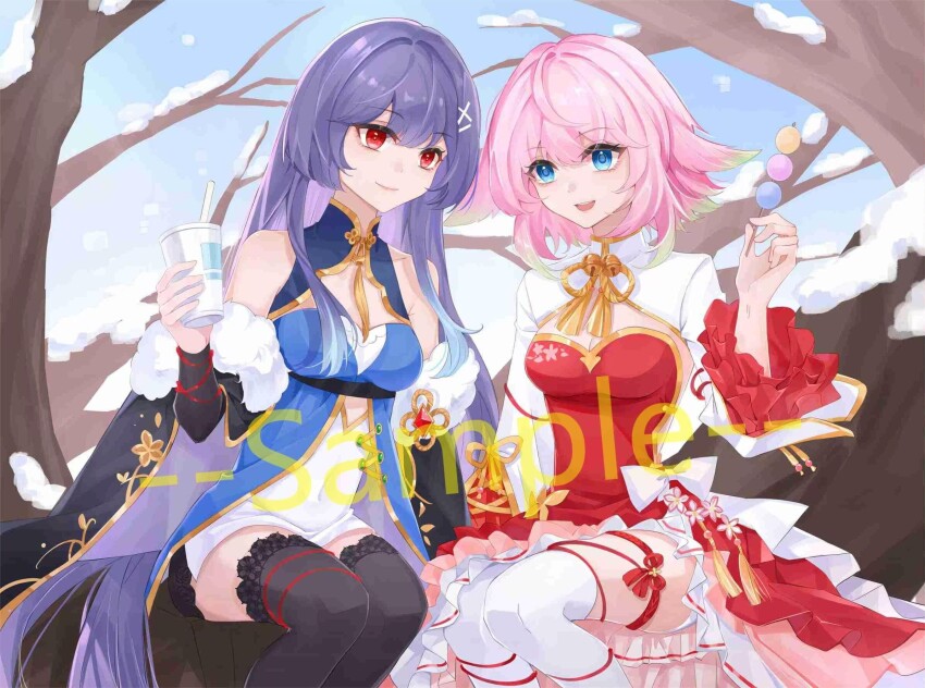 2girls, :d, alternate_costume, bare_shoulders, blue_eyes, blue_sky, breasts, china_dress, chinese_clothes, cleavage, closed_mouth, cup, dango, dress, drink, english_text, food, gradient_hair, green_hair, hair_between_eyes, hair_flaps, hair_ornament, highres, holding, holding_cup, holding_drink, holding_food, jinan_(warship_girls_r), long_hair, long_sleeves, multicolored_hair, multiple_girls, nihongdengxiade_mcvvv0v0, open_mouth, outdoors, pink_hair, purple_hair, red_dress, red_eyes, sample_watermark, sanshoku_dango, short_hair, sitting, sky, sleeveless, sleeveless_dress, smile, snow, thighhighs, tree, wagashi, warship_girls_r, watermark, white_dress, yingtan_(warship_girls_r)