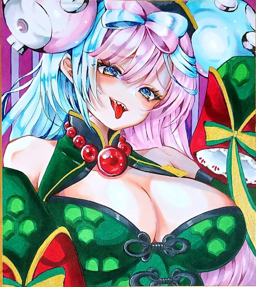 breasts, cleavage, highres, iono_(fall_2024)_(pokemon), iono_(pokemon), jiangshi_costume, large_breasts, multicolored_hair