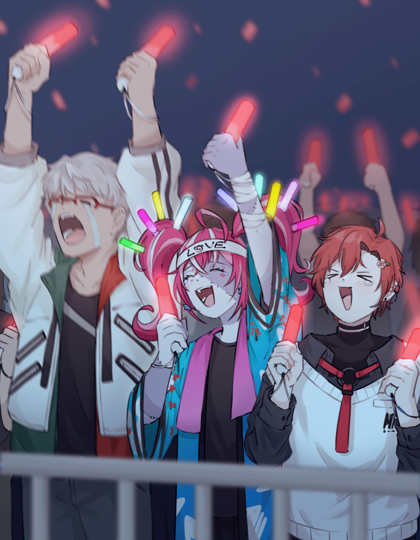 >_<, 1girl, 2boys, ahoge, arm_up, arms_up, arurandeisu, arurandeisu_(1st_costume), asymmetrical_jacket, black_choker, black_shirt, blue_happi, blush, choker, clenched_hands, closed_eyes, colored_skin, commentary_request, concert, cowboy_shot, crossed_bangs, crowd, crying, earrings, english_text, fingernails, flower, glasses, glowstick, grey_hair, hair_flower, hair_ornament, hand_up, hands_up, happi, headband, high_collar, highres, holding, holding_glowstick, hololive, hololive_indonesia, holostars, holostars_english, indoors, jacket, japanese_clothes, jewelry, kureiji_ollie, kureiji_ollie_(holo-wota_happi), long_sleeves, machina_x_flayon, machina_x_flayon_(2nd_costume), miamisuki, multicolored_hair, multicolored_skin, multiple_boys, o-ring_strap, official_alternate_costume, official_alternate_hairstyle, open_clothes, open_happi, open_jacket, open_mouth, oshikatsu, otaku, over-rim_eyewear, pants, patchwork_skin, penlight_(glowstick), pink_hair, railing, red-framed_eyewear, red_hair, semi-rimless_eyewear, shirt, short_hair, short_sleeves, side-by-side, sidelocks, smile, standing, star_(symbol), star_earrings, stitched_face, stitches, streaming_tears, sweater_vest, tears, teeth, tongue, towel, towel_around_neck, twintails, virtual_youtuber, white_headband, white_jacket, white_sweater_vest, zombie