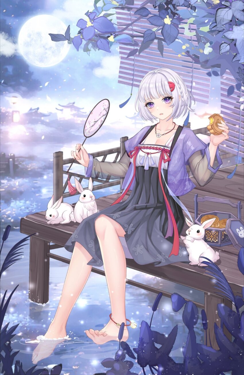 1girl, alternate_costume, animal, anklet, bamboo_screen, banbi, barefoot, bench, black_skirt, blush, braid, collarbone, dress, feet, flower, food, full_body, full_moon, hair_ornament, hand_fan, hanfu, highres, holding, holding_fan, holding_food, jacket, jewelry, long_sleeves, looking_at_viewer, moon, mooncake, necklace, nihongdengxiade_mcvvv0v0, outdoors, paper_fan, parted_lips, purple_eyes, purple_jacket, qixiong_ruqun, rabbit, ribbon, ruqun, see-through_clothes, short_hair, sitting, skirt, sky, soaking_feet, solo, sovetsky_soyuz_(warship_girls_r), tuanshan, uchiwa, warship_girls_r, water, white_hair