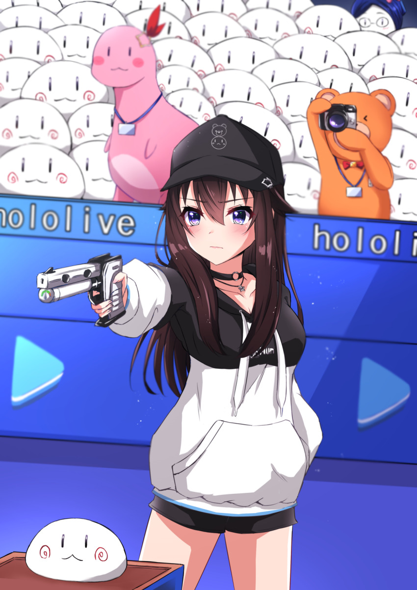 1girl, aiming, ankimo_(tokino_sora), baseball_cap, black_choker, black_hoodie, black_shorts, blue_eyes, blush, breasts, brown_hair, camera, choker, cleavage, gun, hair_between_eyes, hair_flaps, hand_in_pocket, handgun, hat, highres, holding, holding_gun, holding_weapon, hololive, hood, hoodie, jewelry, long_hair, medium_breasts, meme, moezi, nun_nun_(tokino_sora), o-ring, o-ring_choker, official_alternate_costume, purple_eyes, short_shorts, shorts, solo, tokino_sora, tokino_sora_(dj_hoodie), two-tone_hoodie, virtual_youtuber, weapon, white_hoodie, yusuf_dikec_(meme)