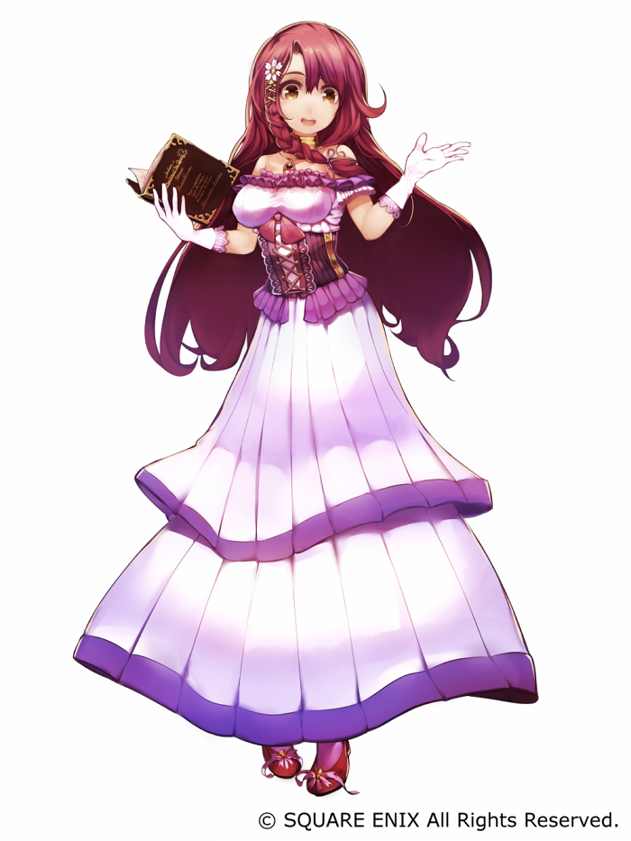 1girl, book, breasts, christine_(grimms_notes), dress, gloves, grimms_notes, hatahata_p_(taritari1648), holding, holding_book, holding_weapon, large_breasts, long_hair, official_art, open_mouth, pink_socks, red_hair, red_shoes, shoes, simple_background, smile, socks, solo, teeth, upper_teeth_only, weapon, white_background, white_gloves, yellow_eyes