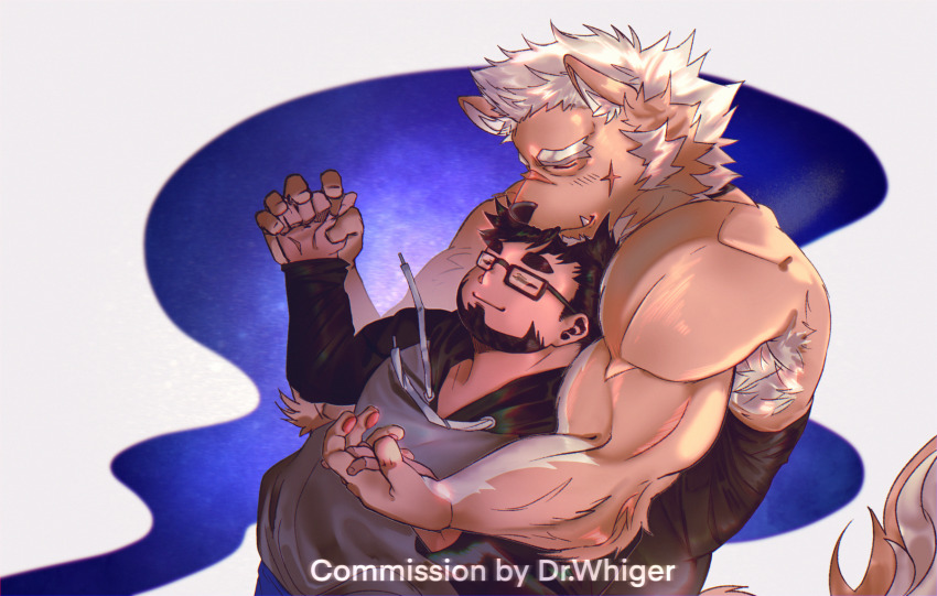 2boys, animal_ear_fluff, armpit_hair, artist_self-insert, bara, beard, blush, closed_eyes